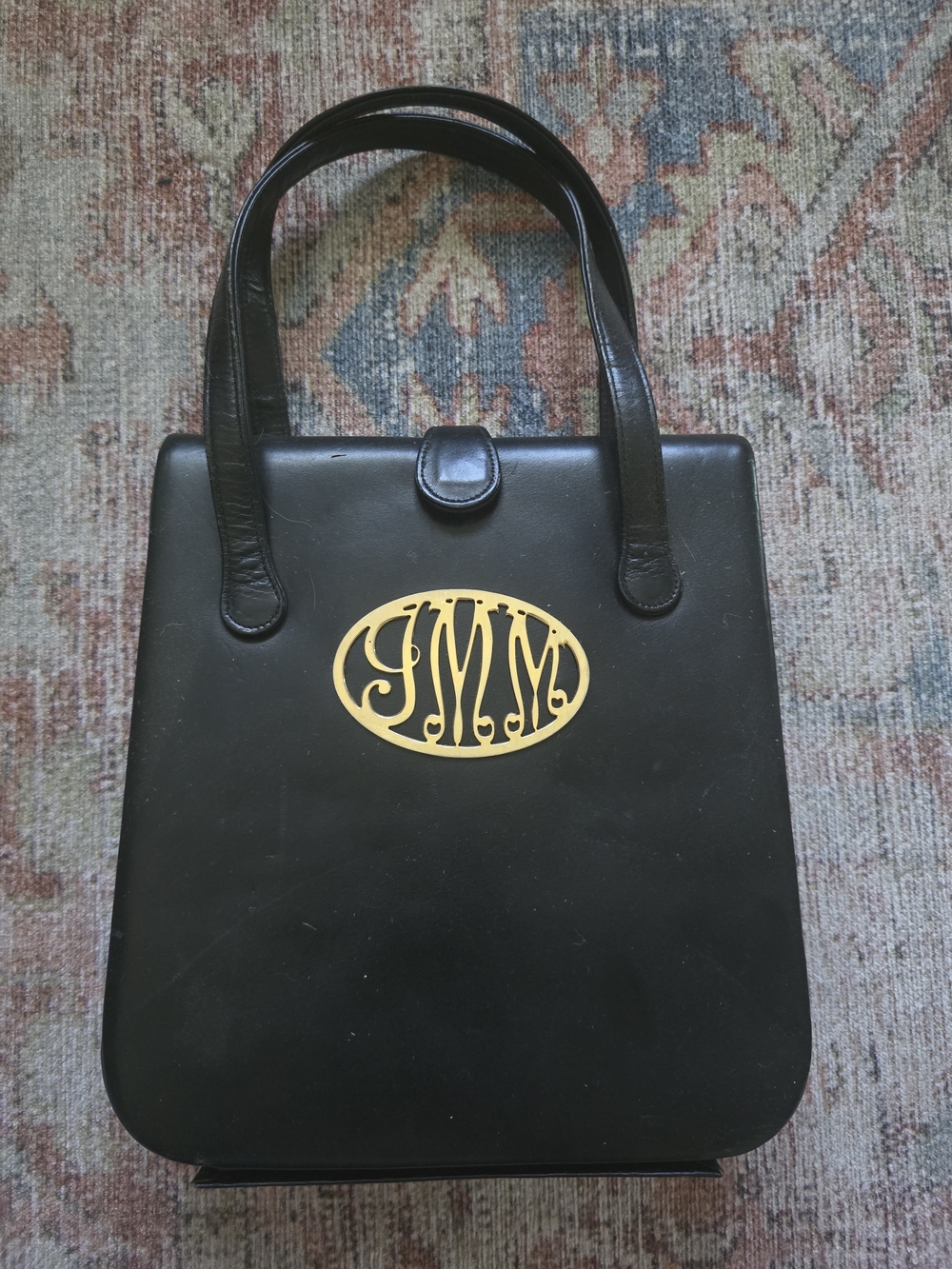 Vintage Black Women's Top-Handle Bag with Gold Monogram Accent